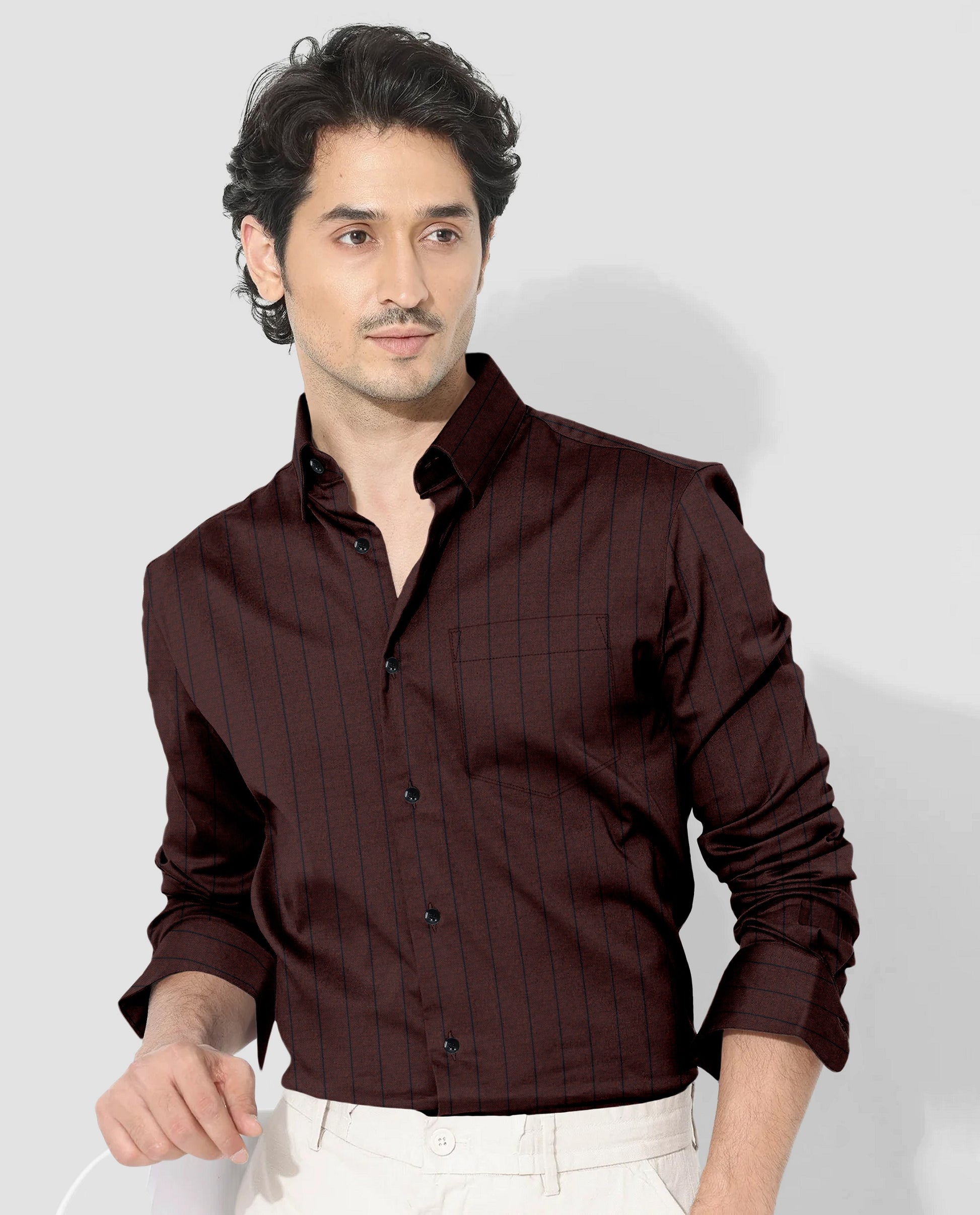 Oxblood Red and Raven Black Pinstripes Oxford Cotton Shirt