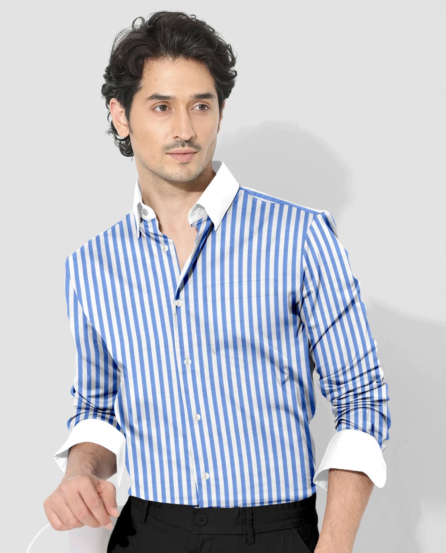 Robbia Blue And Milky White Stripes Oxford Structured Designer Cotton Shirt