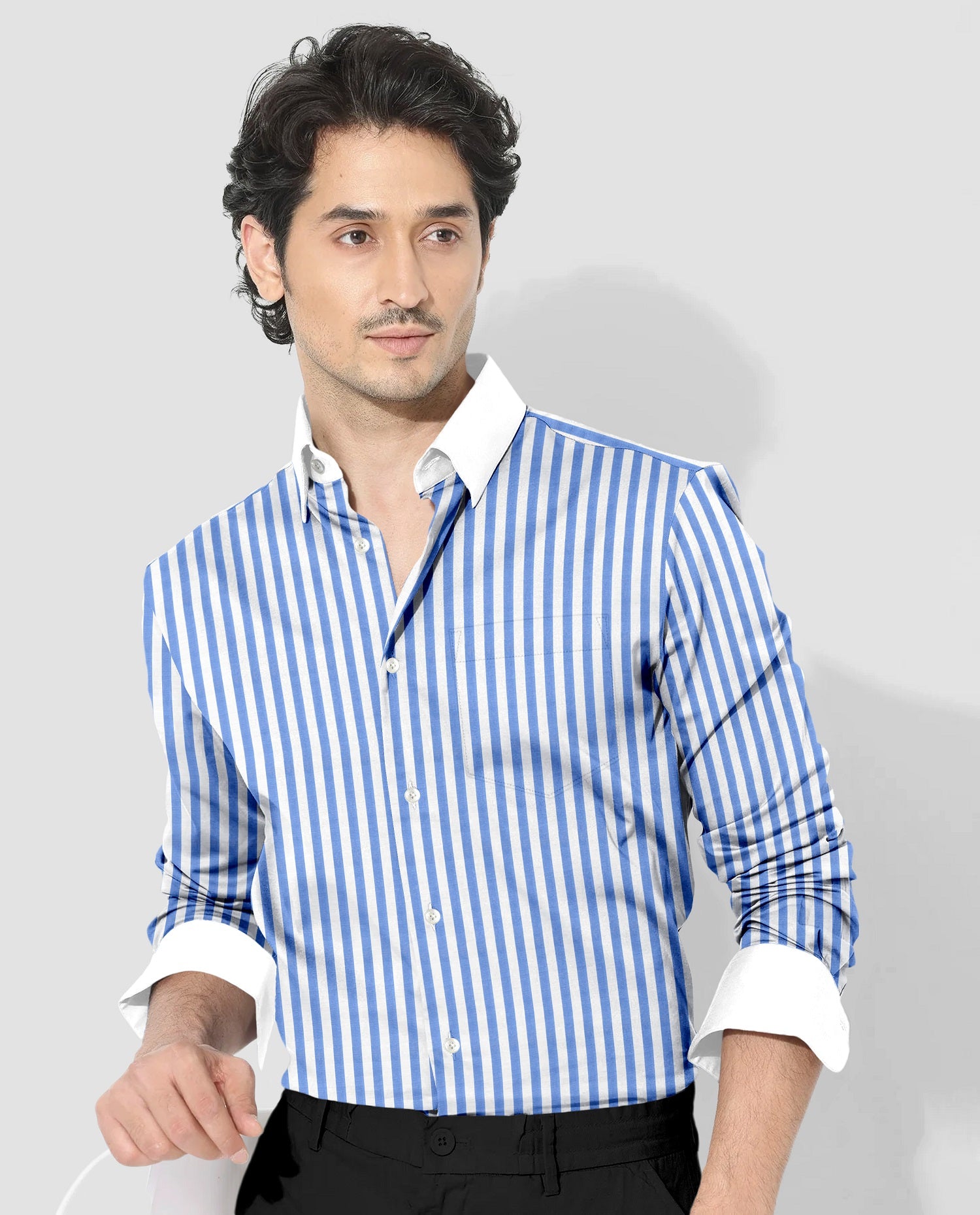 Robbia Blue And Milky White Stripes Oxford Structured Designer Cotton Shirt