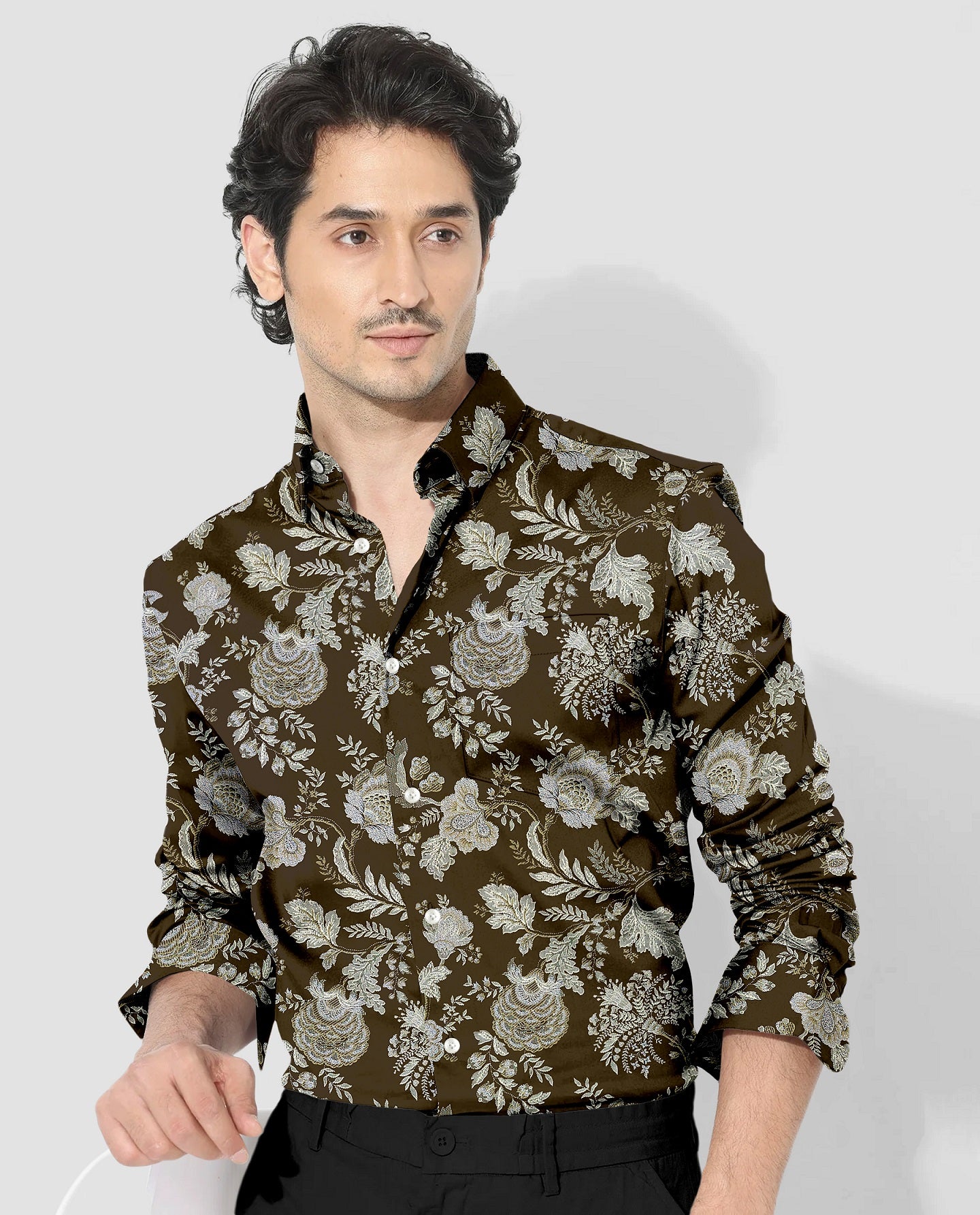 Lizard Brown with Olive Green and Moth Cream Marigold Plant Printed Cotton Shirt