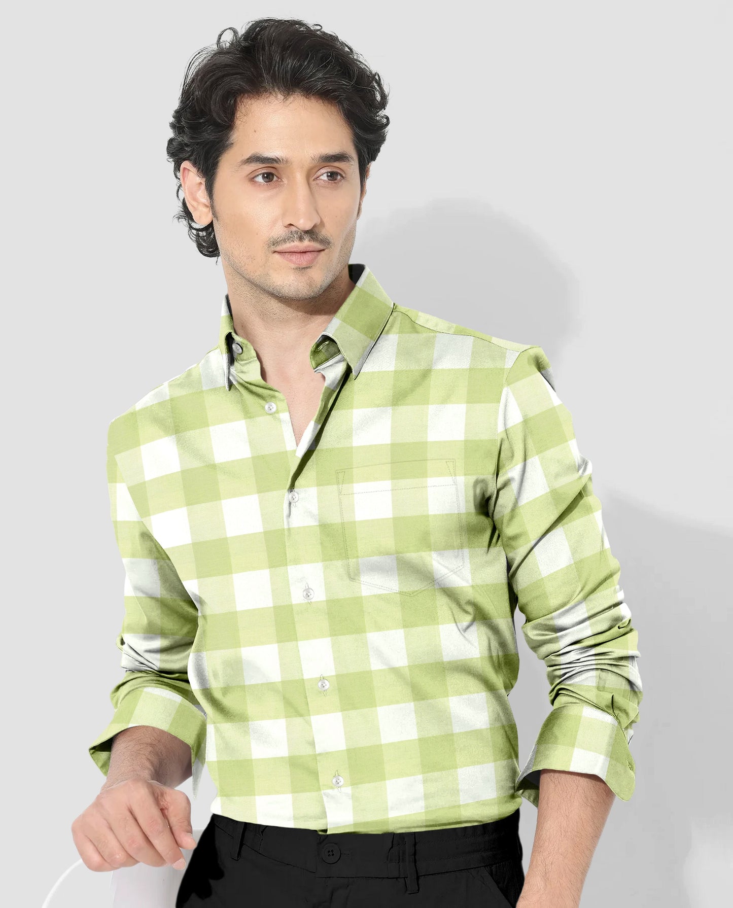 Chameleon Green and Moon White Buffalo Checks Oxford Cotton Shirt