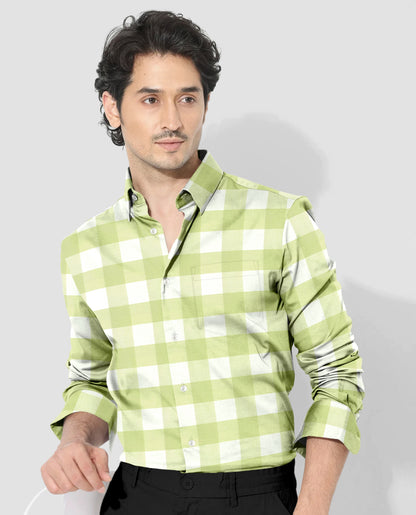 Chameleon Green and Moon White Buffalo Checks Oxford Cotton Shirt