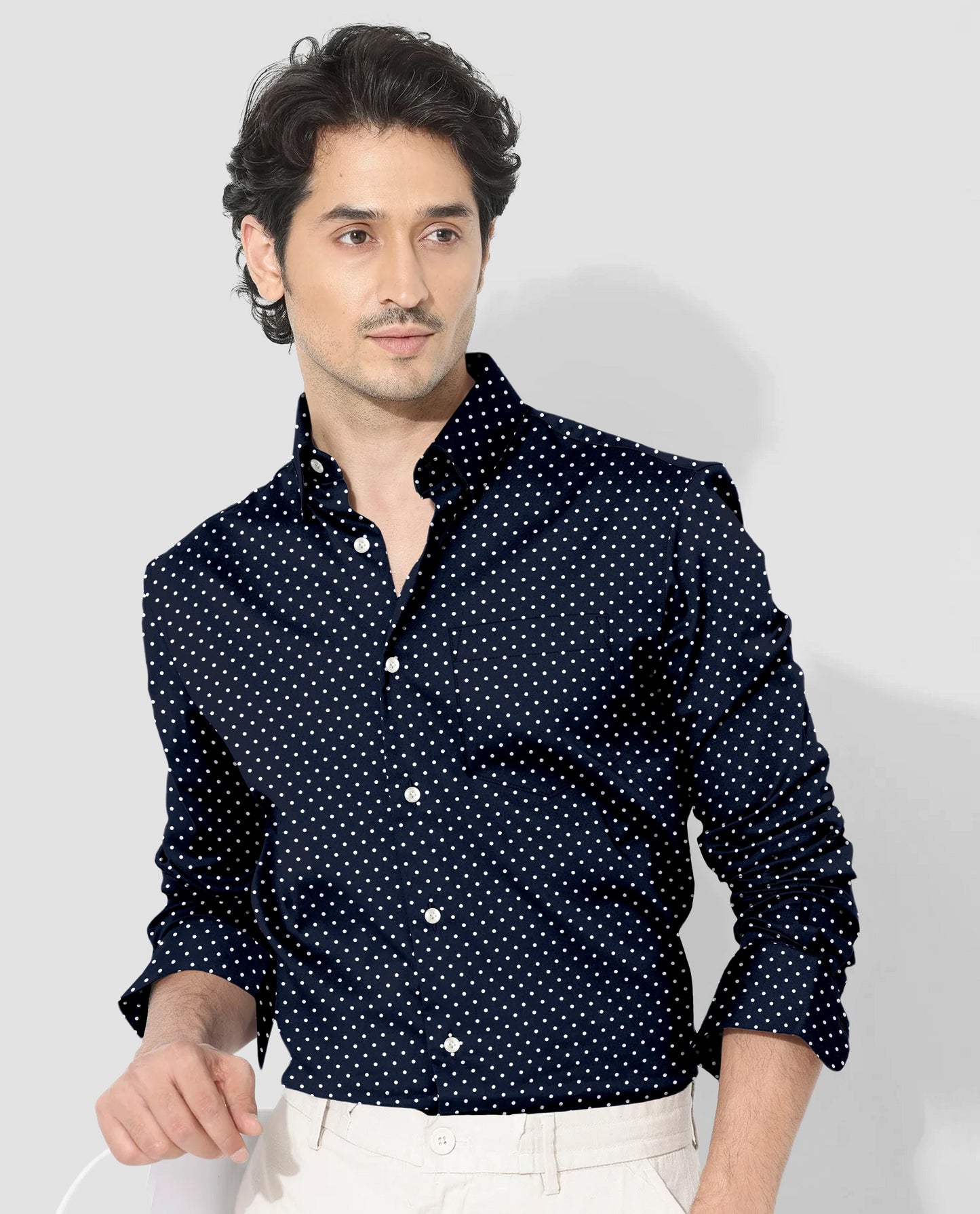 Sodalite Blue and Snow White Polka Dots Printed Cotton Shirt