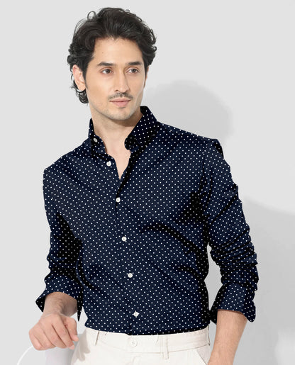 Sodalite Blue and Snow White Polka Dots Printed Cotton Shirt