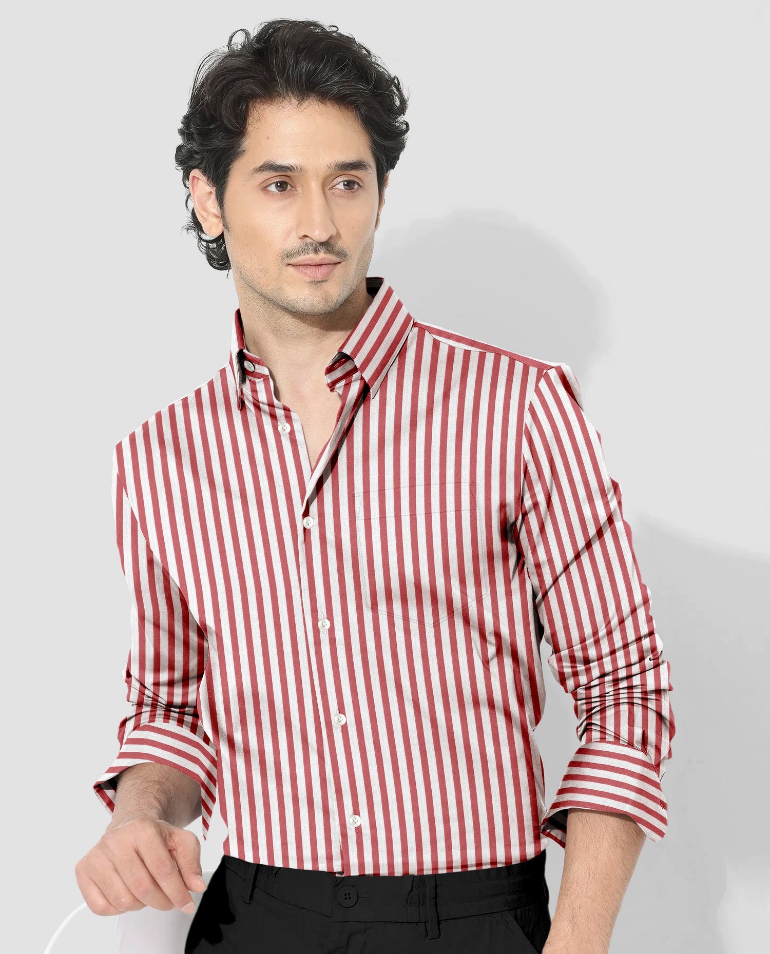 Sandalwood Red And Milky White Stripes Oxford Structured Cotton Shirt