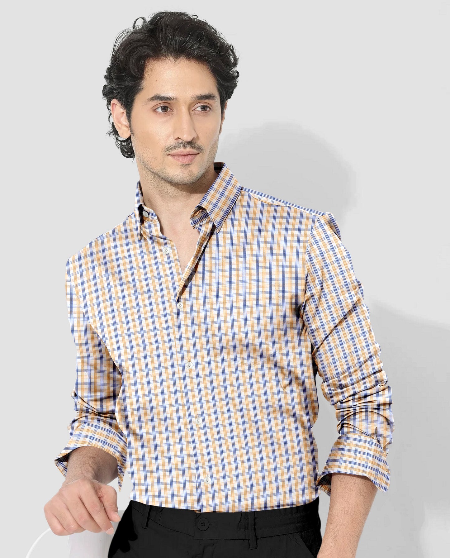 White with Buttercup Yellow and Lichen Blue Checks Premium Cotton Shirt