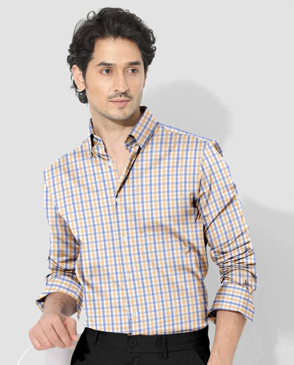 White with Buttercup Yellow and Lichen Blue Checks Premium Cotton Shirt