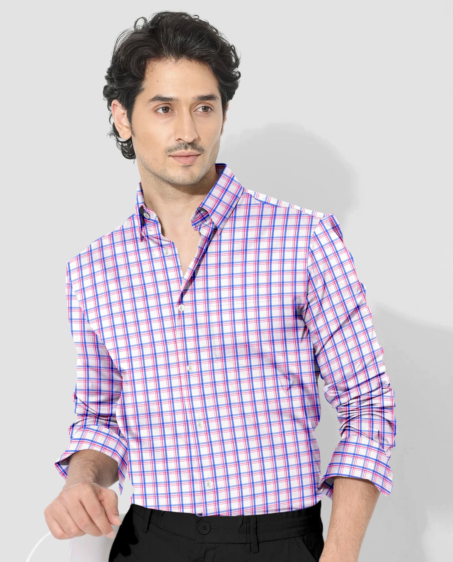 Salt White with Sachet Pink and Mykonos Blue Checks Cotton Shirt 