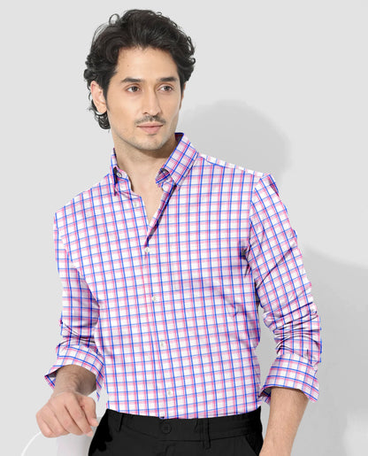 Salt White with Sachet Pink and Mykonos Blue Checks Cotton Shirt 