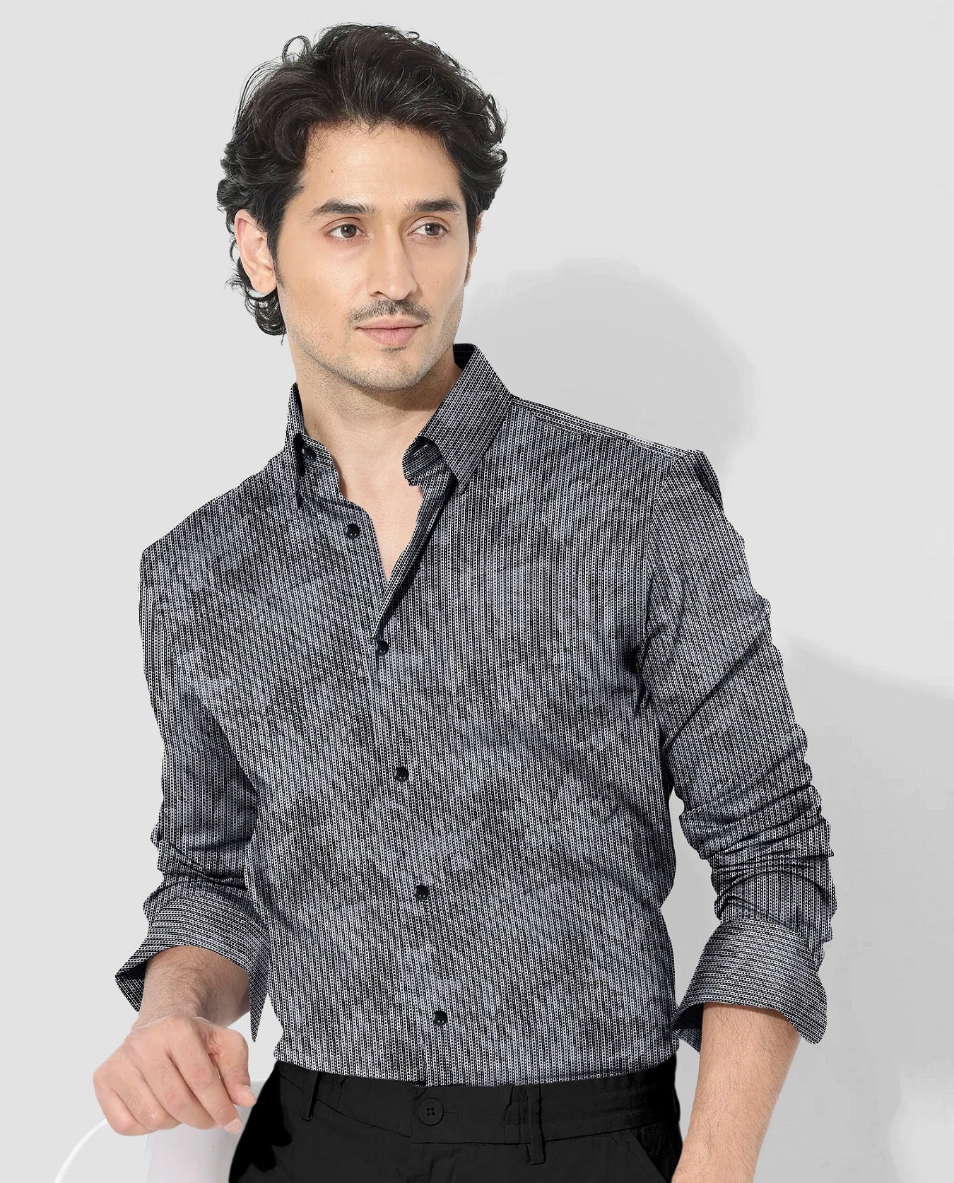 Sable Black and Slate Grey Maple Leaf Printed Broken Stripes Cotton Shirt