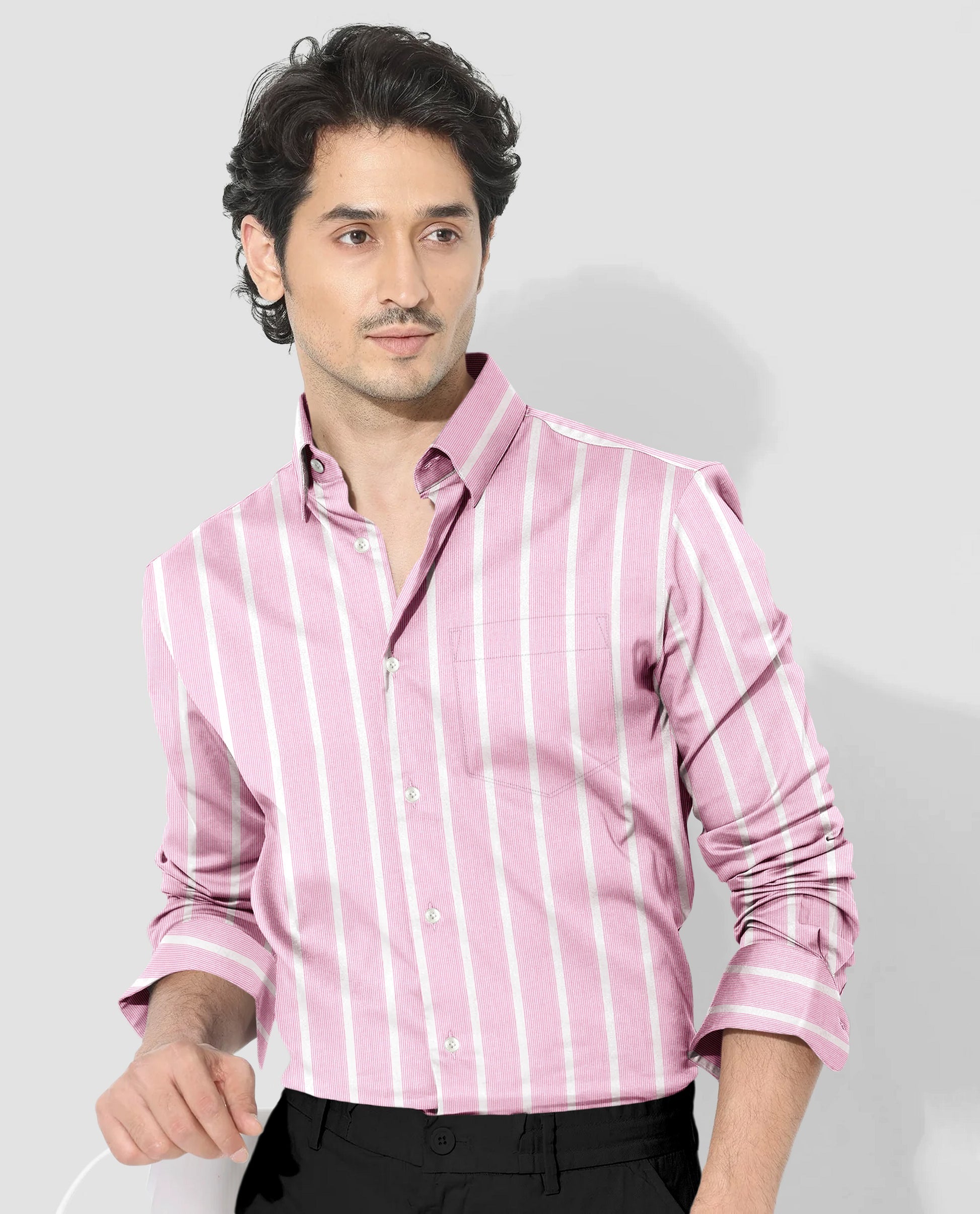 White and Reverie Pink Multitrack Stripes Cotton Shirt