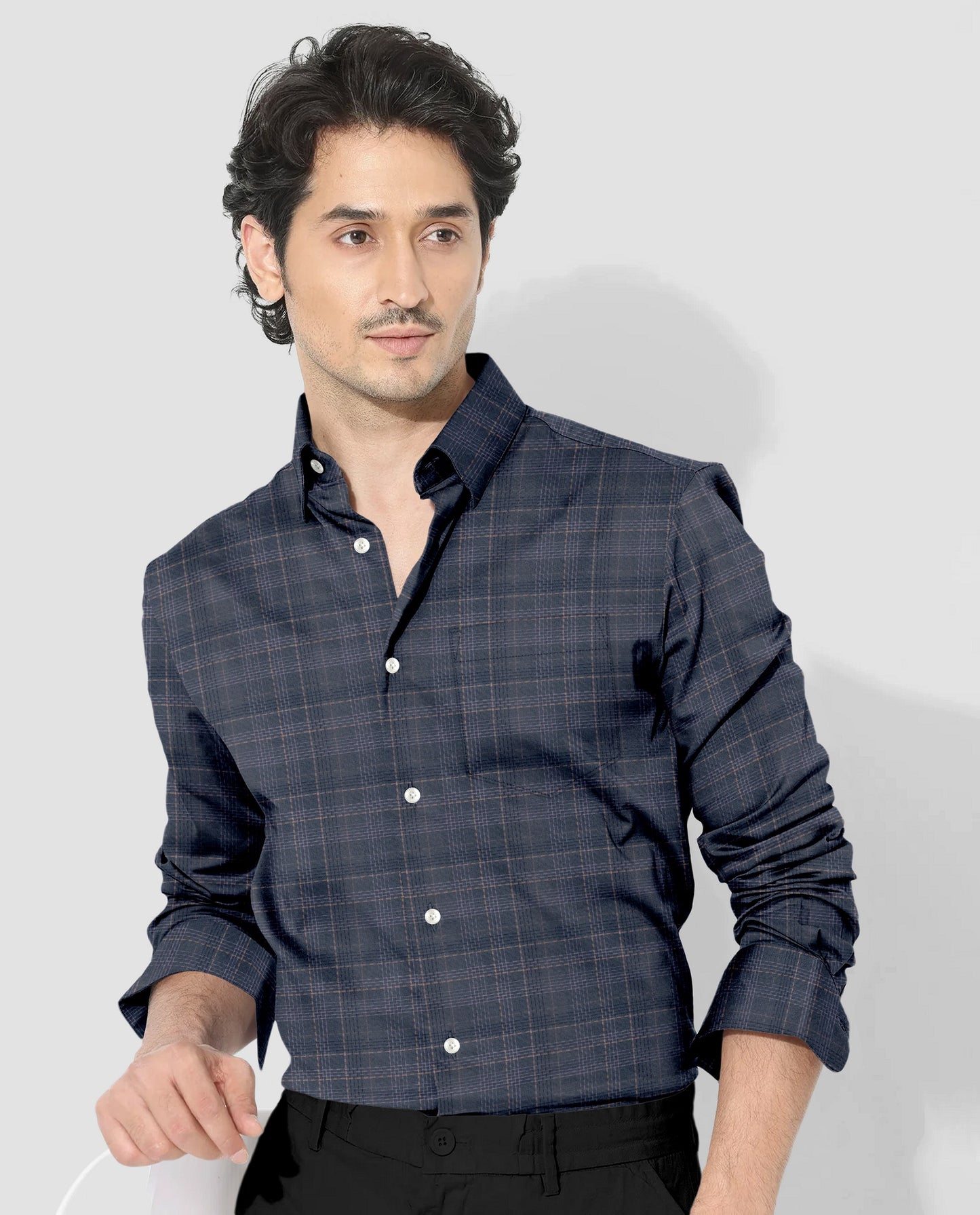 Charcoal Grey With Parsnip Yellow and Pearl Pink Windowpane Checks 2 ply Giza Cotton Shirt