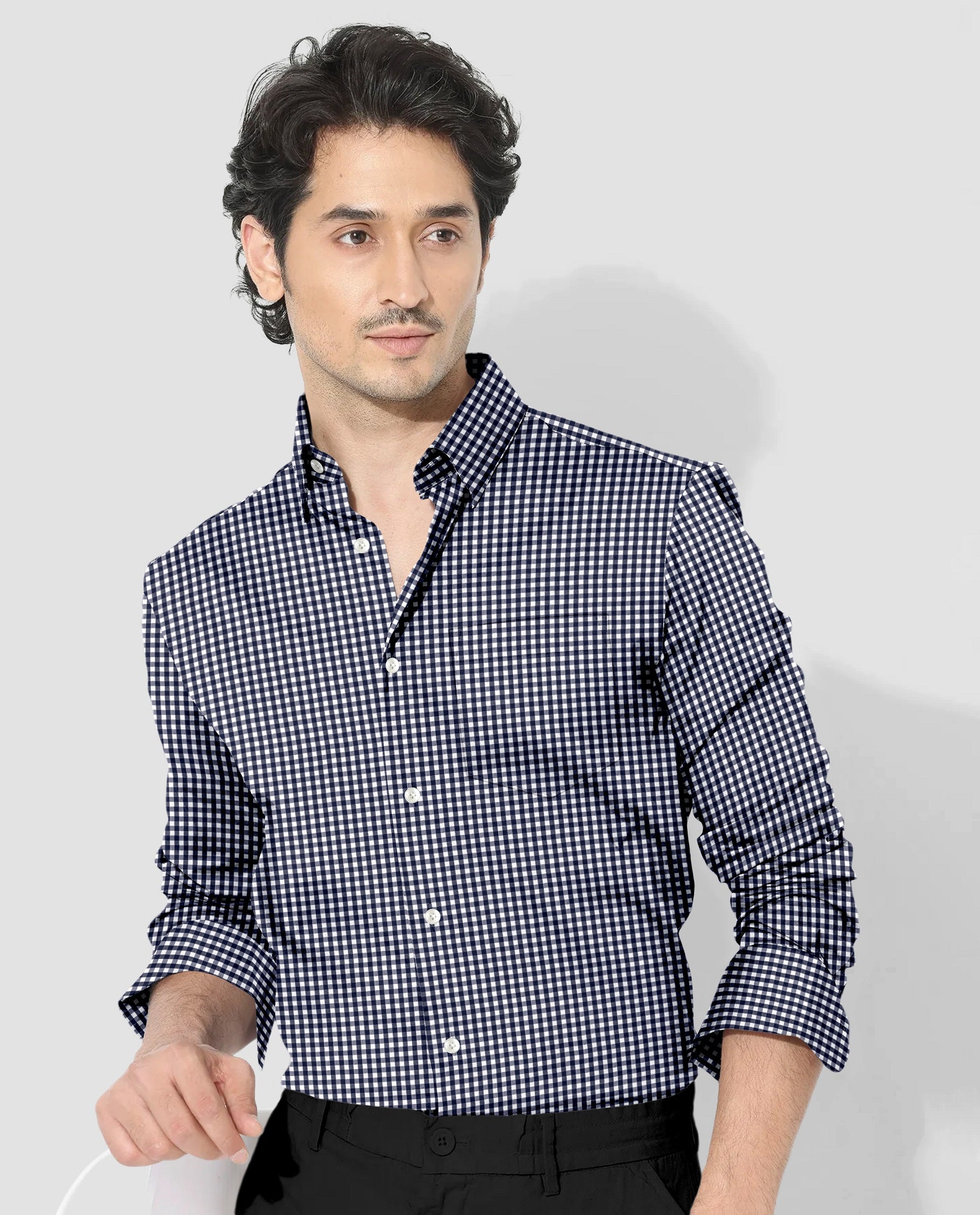 Berryblue and Porcelain White Gingham Checks Cotton Shirt