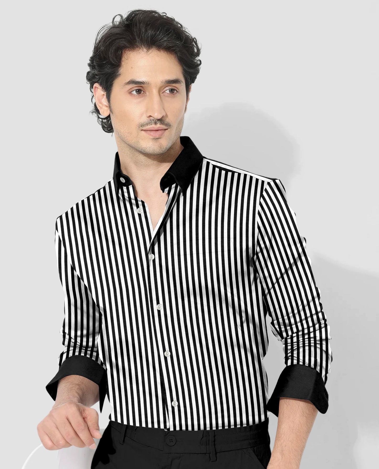 Jet Black and White Candy Stripes Designer Cotton Shirt