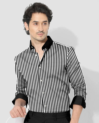 Jet Black and White Candy Stripes Designer Cotton Shirt