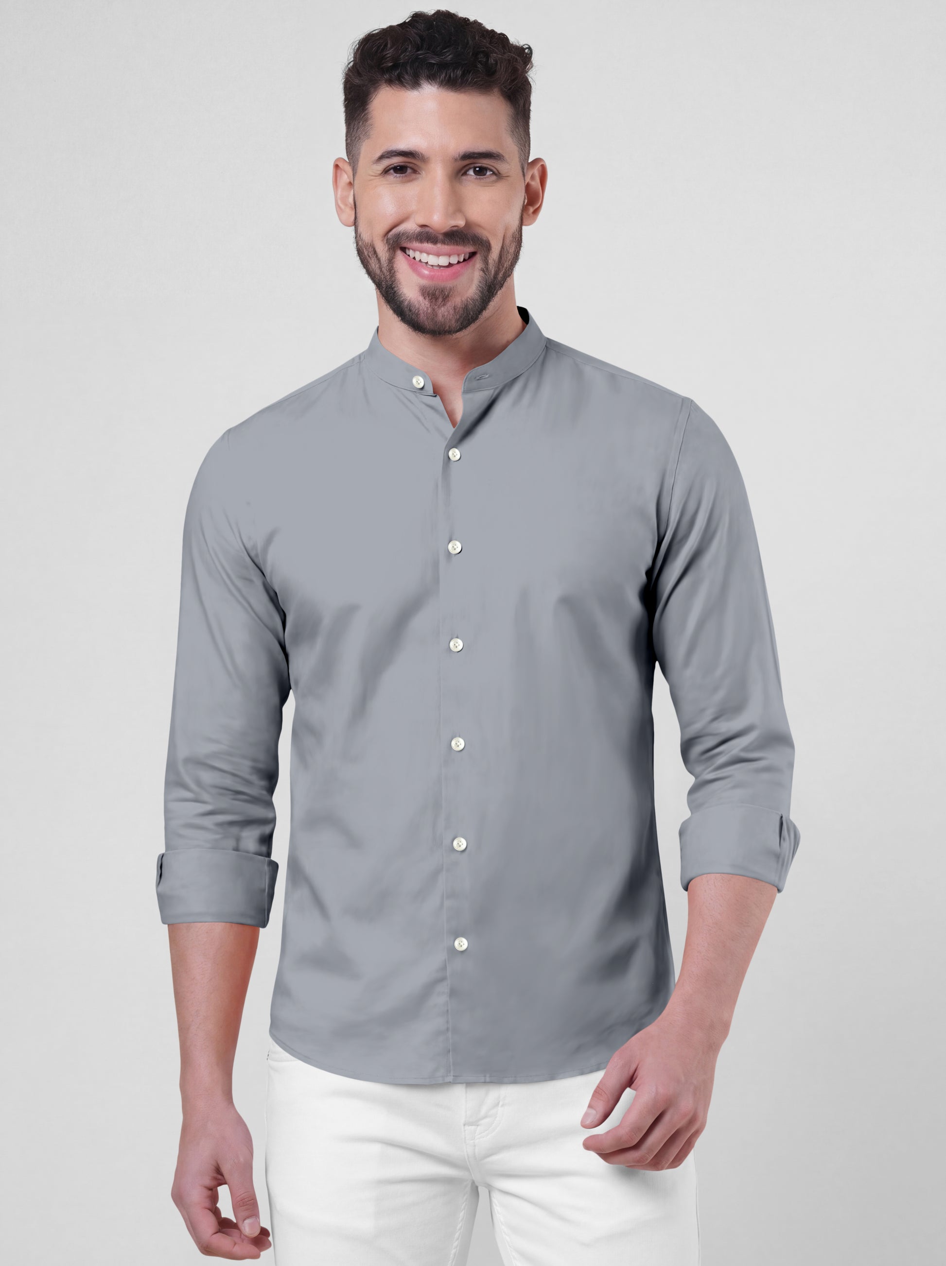 Grey Mandarin Collar Giza Cotton Shirt