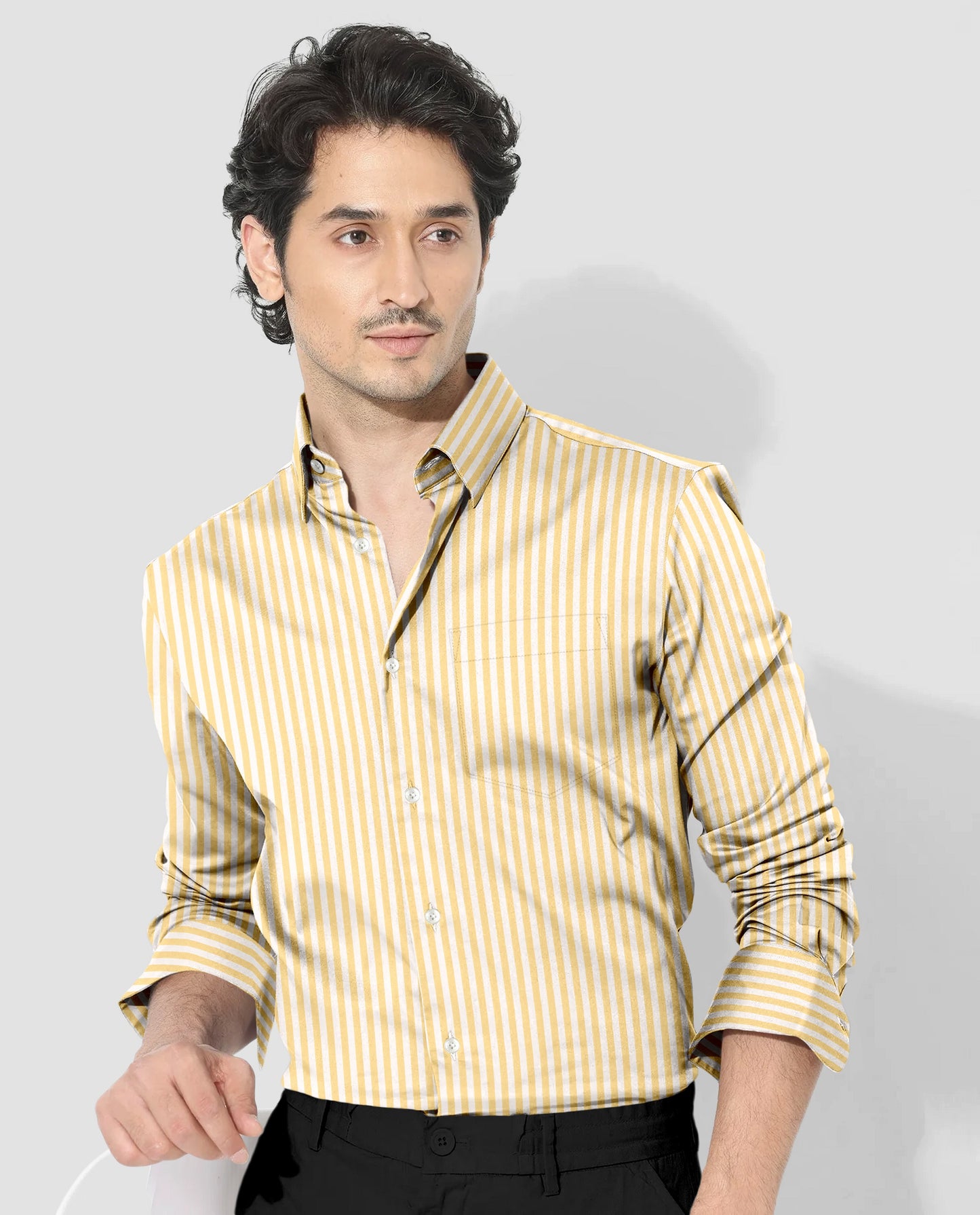 White and Cornsilk Yellow Candy Stripes Oxford Cotton Shirt