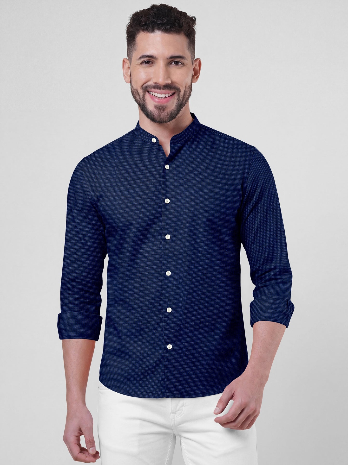 Estate Blue Two Toned Mandarin Collar Premium Oxford Cotton Shirt