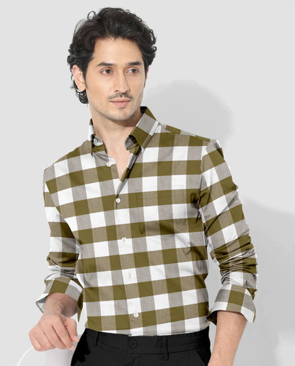 White and Ecru Olive Green Buffalo Checks Cotton Shirt
