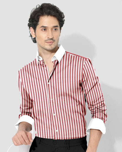 Sandalwood Red And Milky White Stripes Oxford Structured Designer Cotton Shirt
