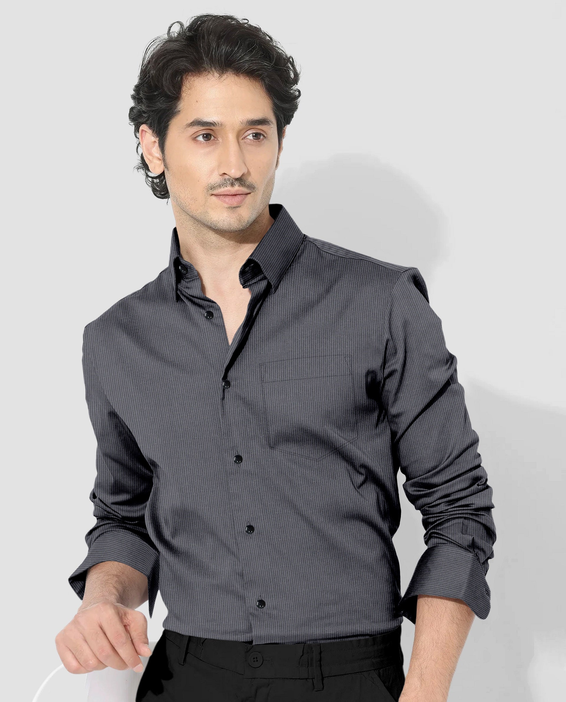 Pigeon Gray and Coal Black Herringbone Stripes Oxford Cotton Shirt