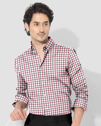 Milk White with Hollyberry and Carbon Black Checks Cotton Shirt