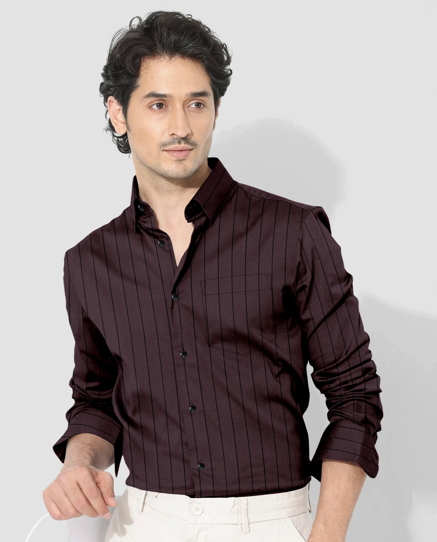 Claret Wine and Raven Black Pinstripes Oxford Cotton Shirt