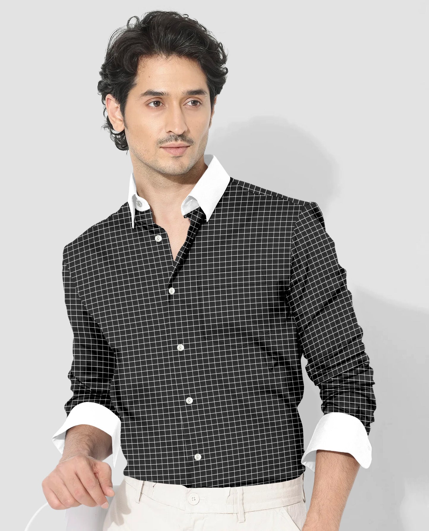 Crow Black and Snow White Checks Designer Cotton Shirt