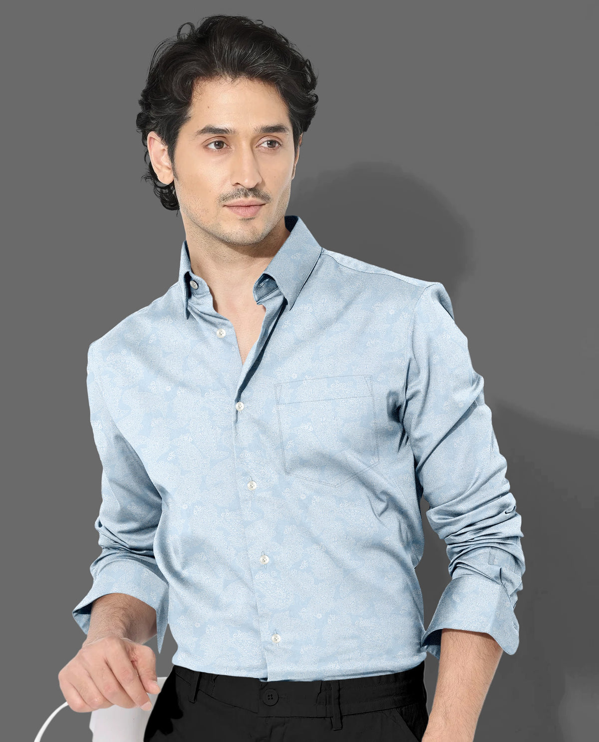 Pastel Blue And Snow White Paisley Patterned Printed Cotton Shirt