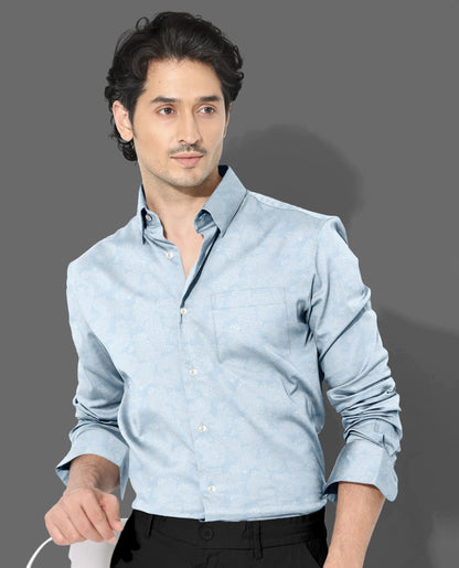 Pastel Blue And Snow White Paisley Patterned Printed Cotton Shirt