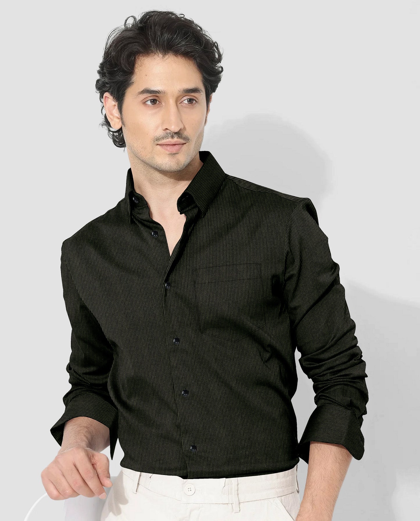 Jade Black and Spruce Green Herringbone Stripes Oxford Cotton Shirt