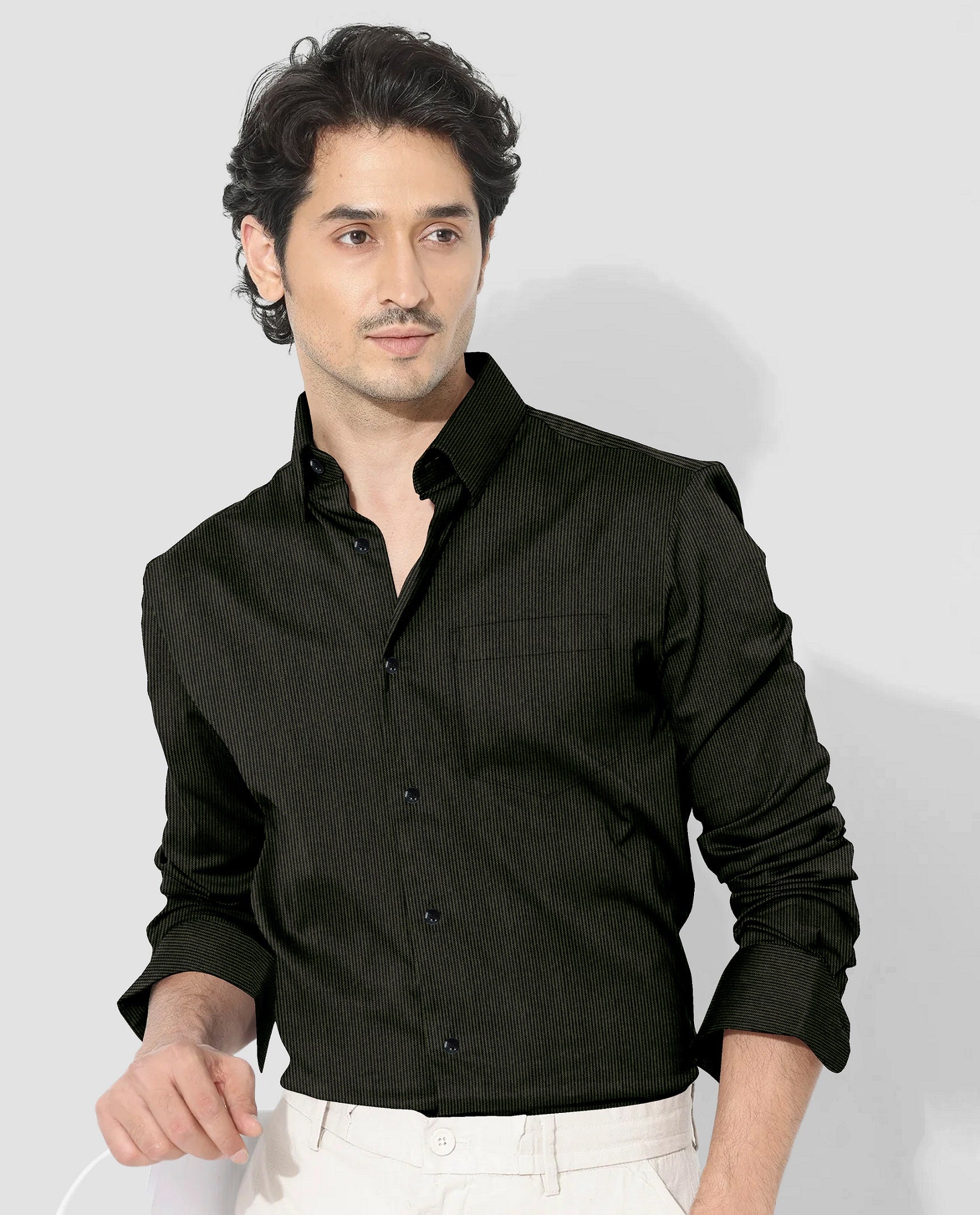 Jade Black and Spruce Green Herringbone Stripes Oxford Cotton Shirt
