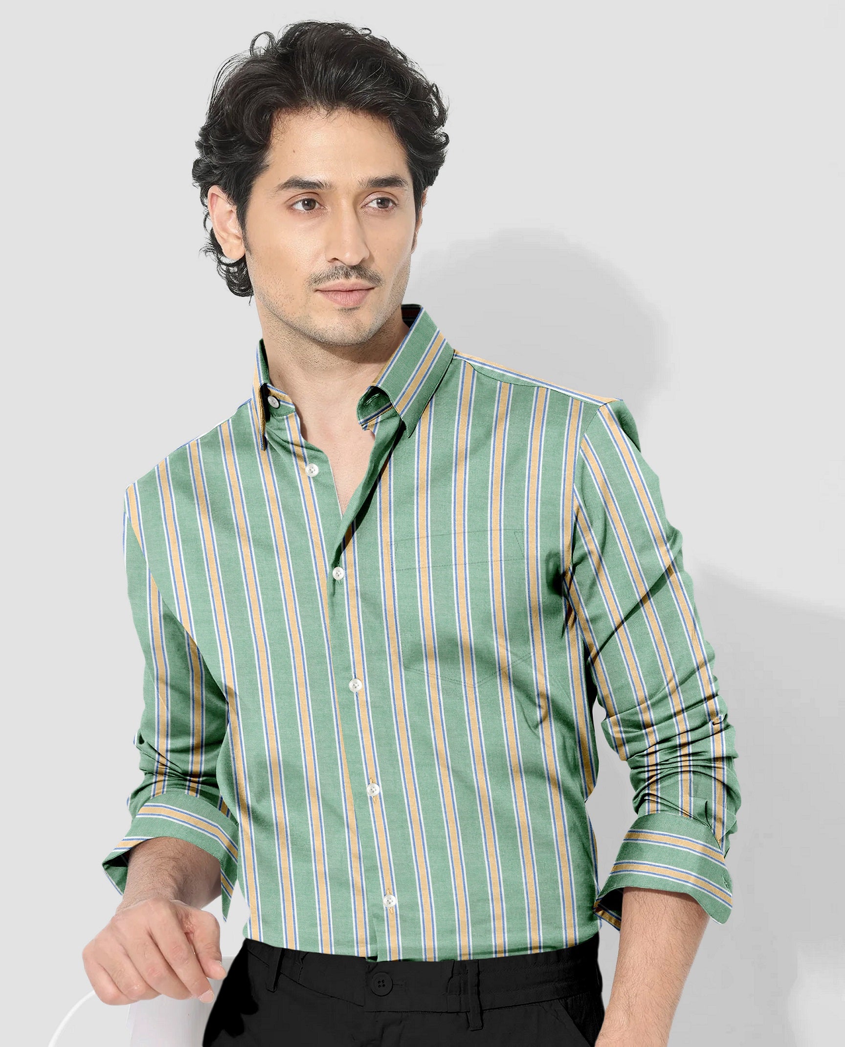 White with Jadesheen Green and Freesia Yellow Oxford Stripes Cotton Shirt