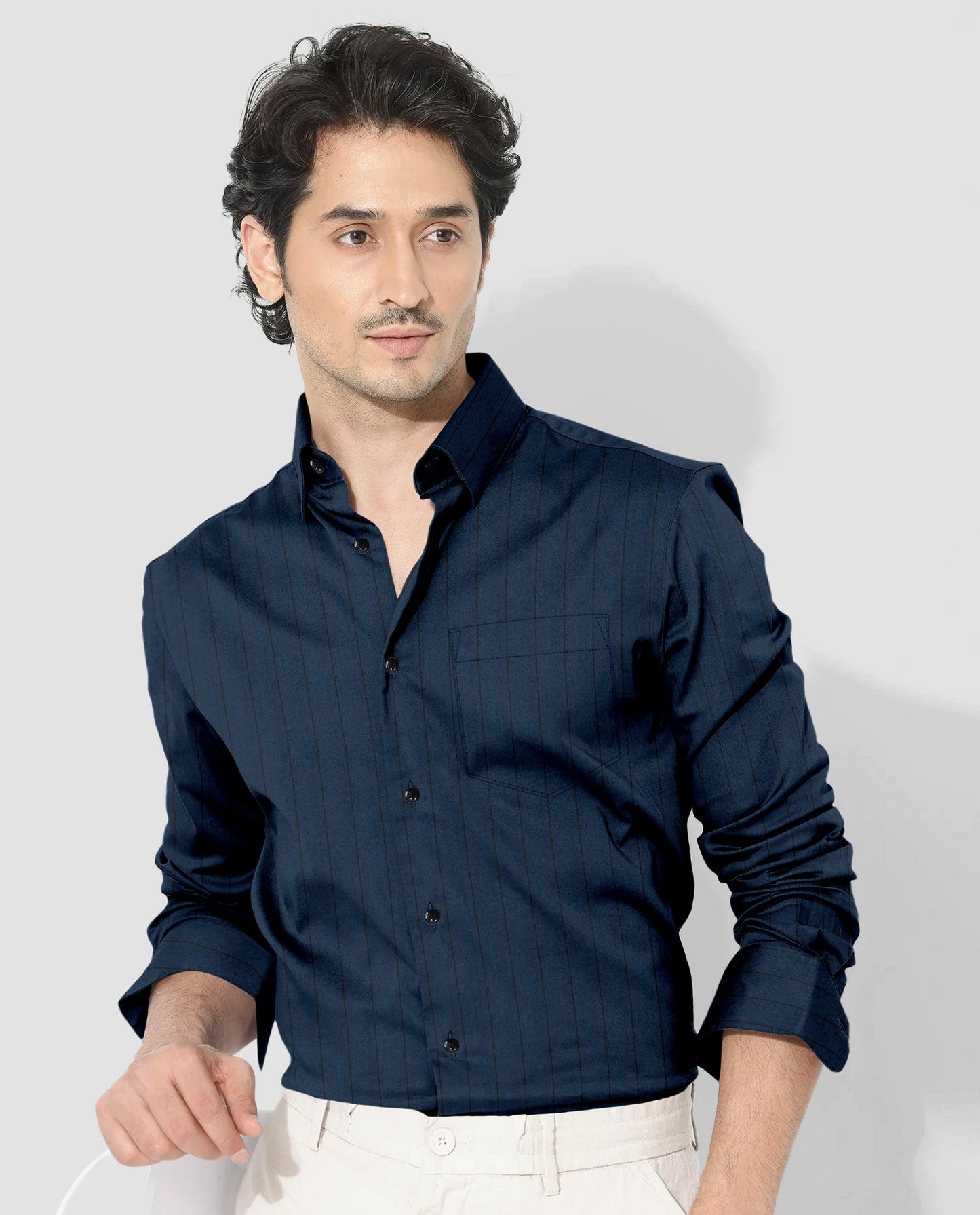 Macaw Blue and Raven Black Pinstripes Oxford Cotton Shirt