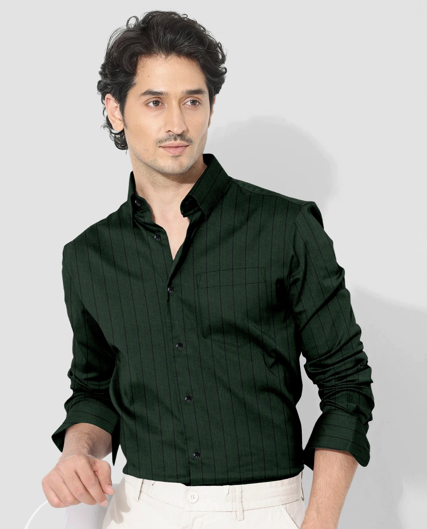 Cedar Green and Raven Black Pinstripes Oxford Cotton Shirt