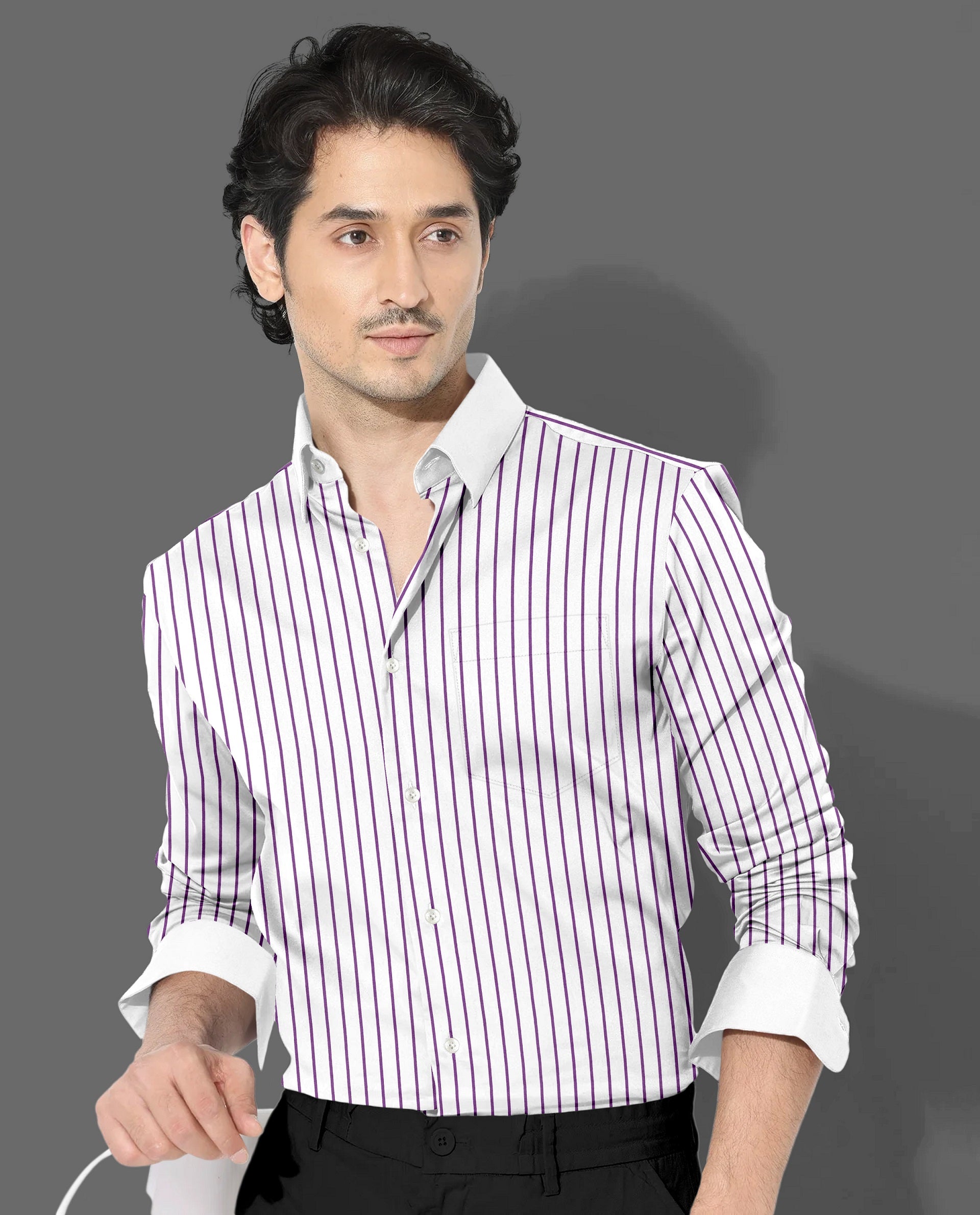 White and Dahlia Purple Stipes Designer Cotton Shirt