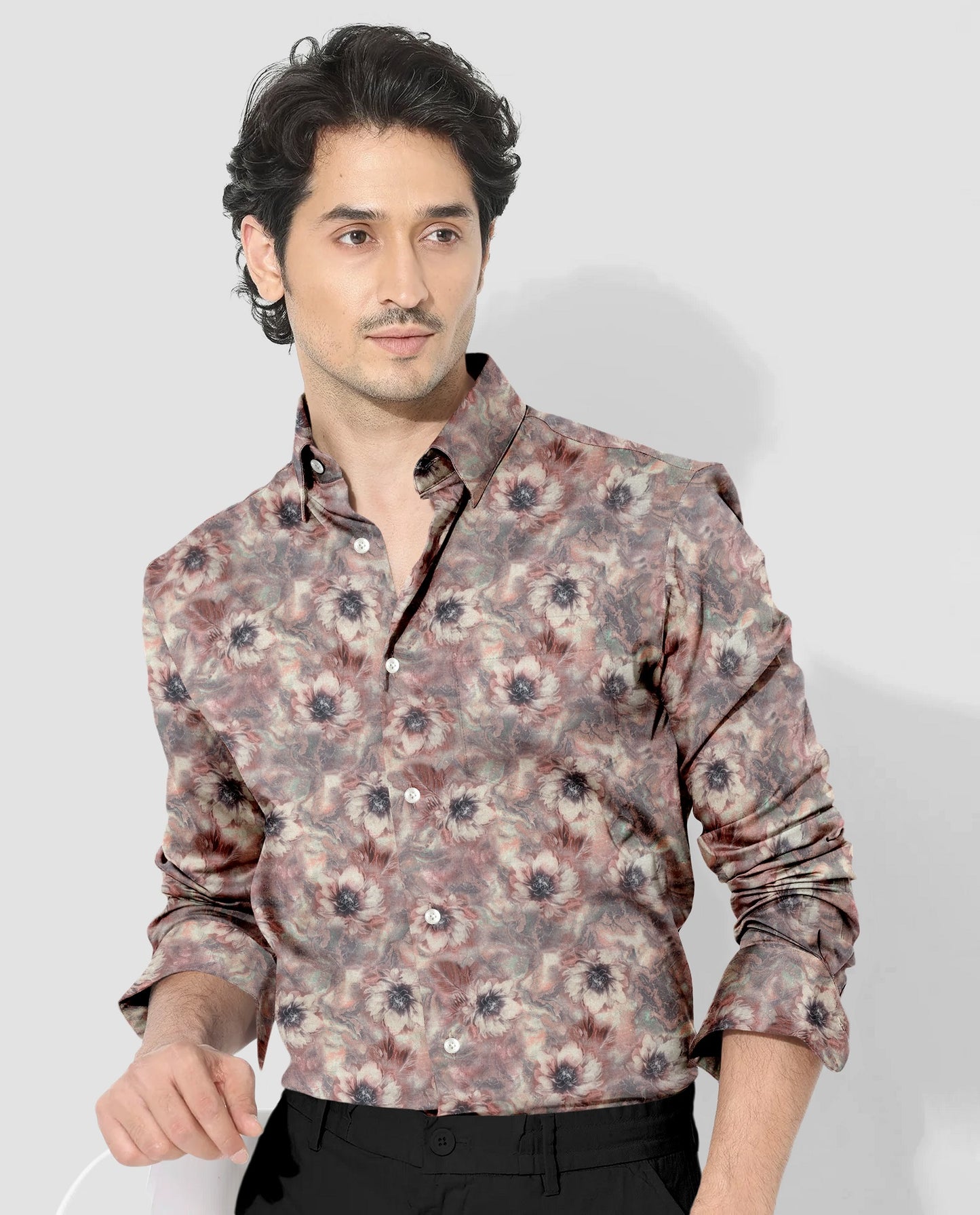 Angora Cream With Pinecone Brown and Aquasky Blue Peonies Flowers Printed Cotton Linen Shirt