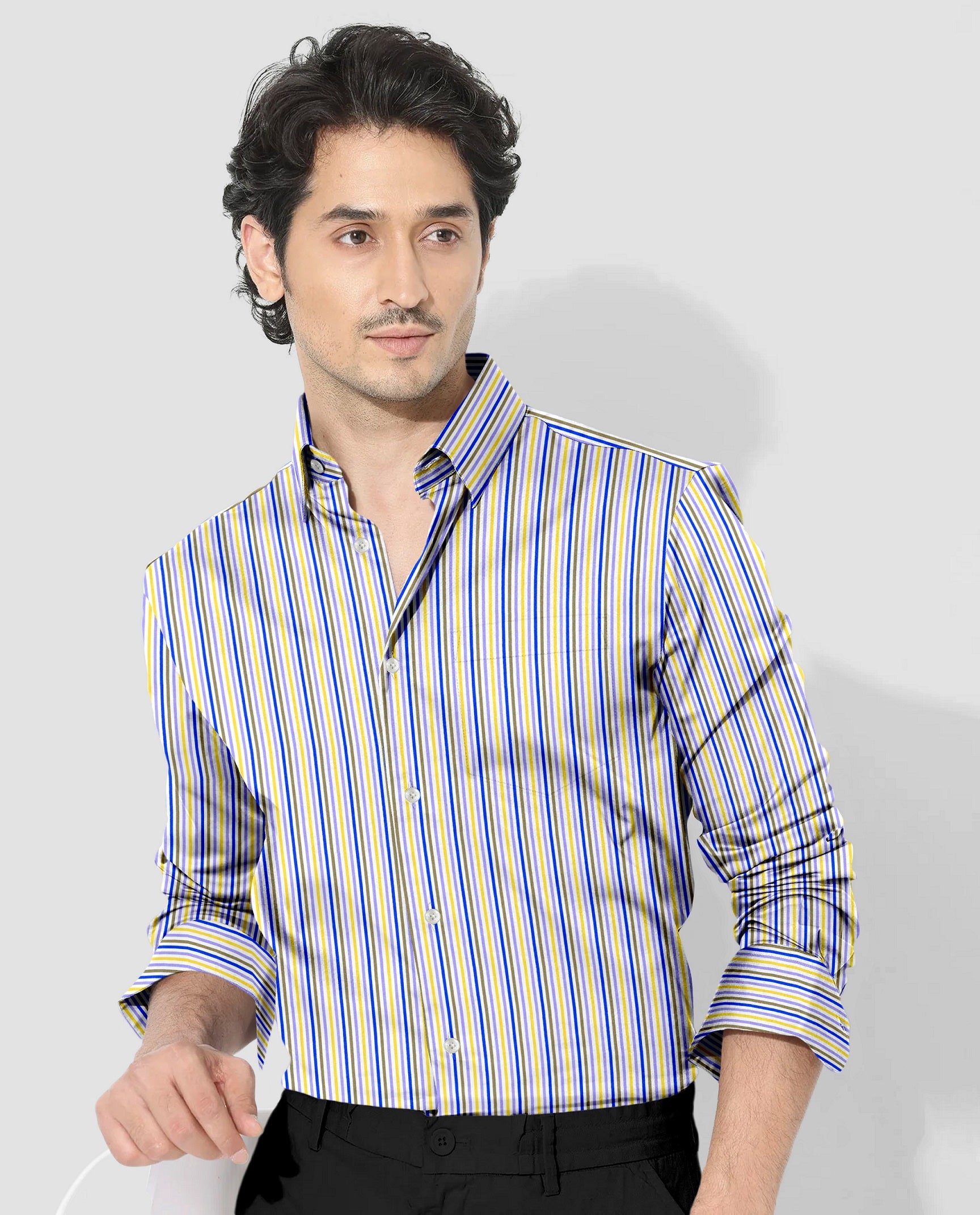 White with Lapis Blue and Lemon Yellow Multicolored Multitrack Stripes Cotton Shirt