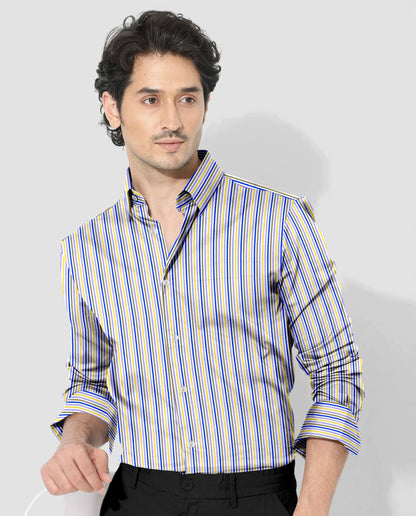 White with Lapis Blue and Lemon Yellow Multicolored Multitrack Stripes Cotton Shirt