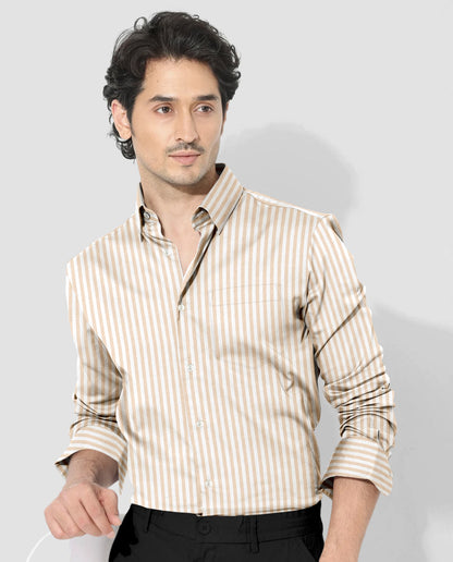 White and Tapioca Cream Candy Stripes Oxford Cotton Shirt