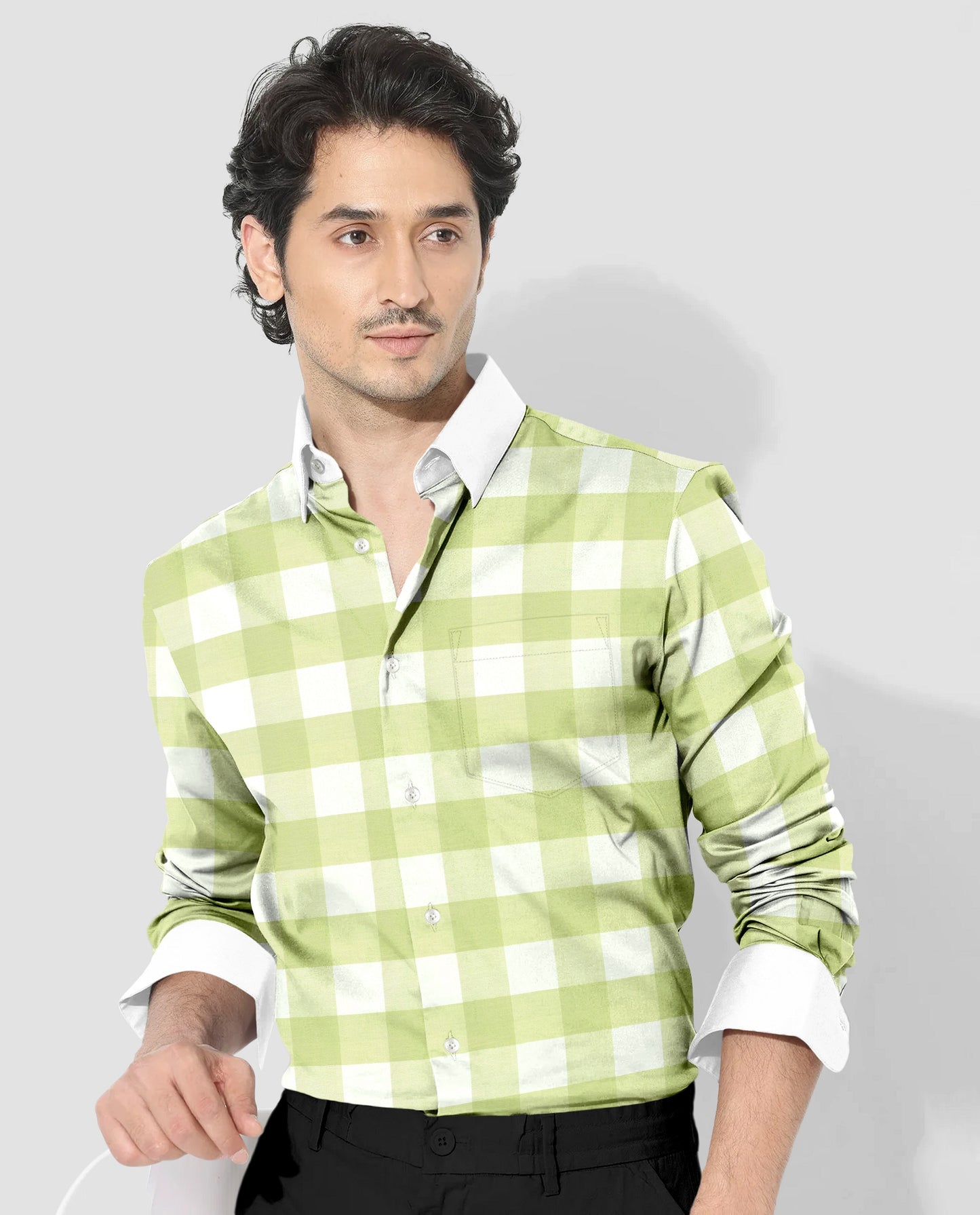 Chameleon Green and Moon White Buffalo Checks Oxford Designer Cotton Shirt