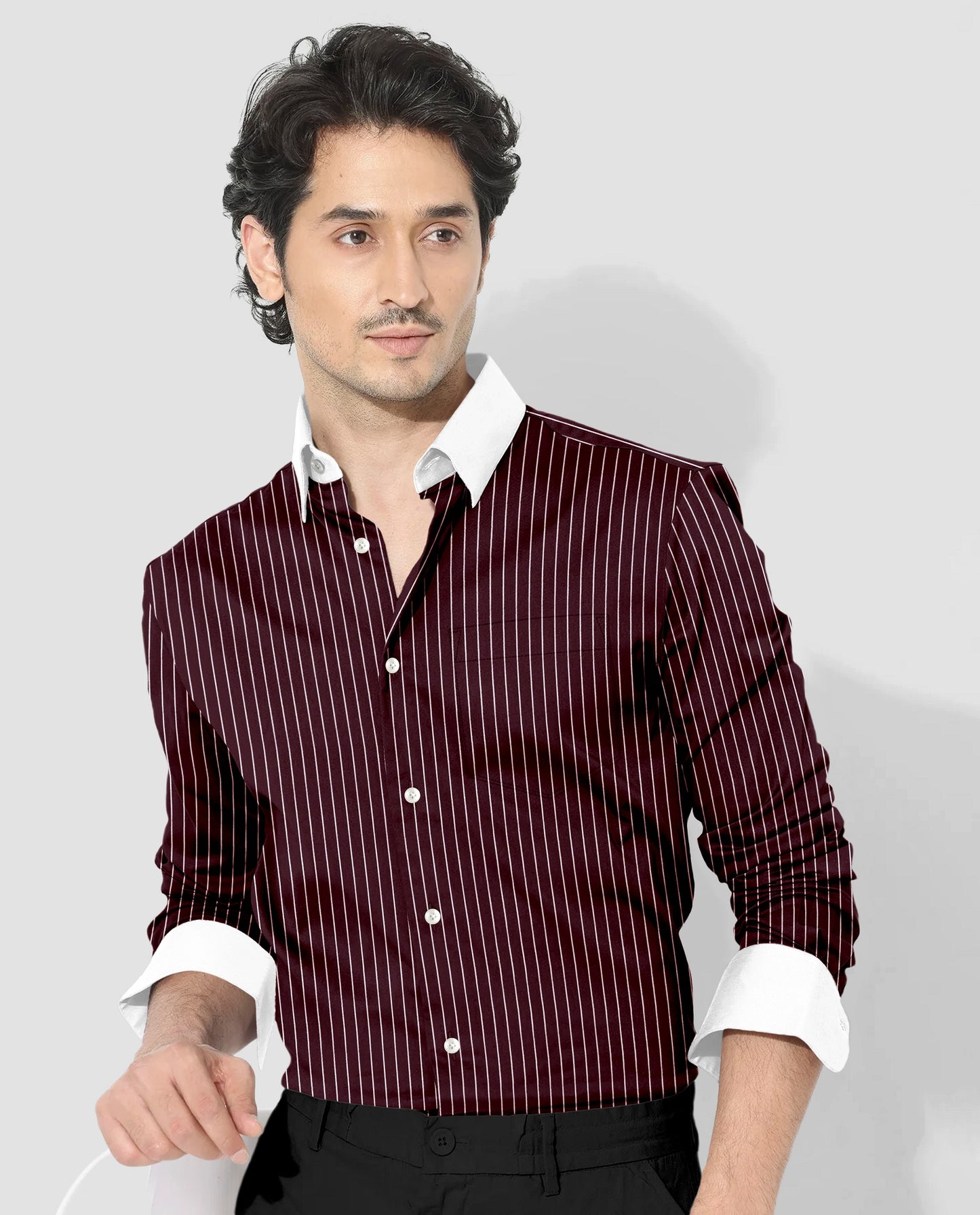 Cordovan Red and Salt White  Pinstripes Designer Cotton Shirt