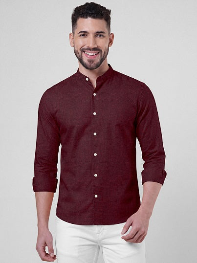 Oxblood Red Two Toned Mandarin Collar Premium Oxford Cotton Shirt