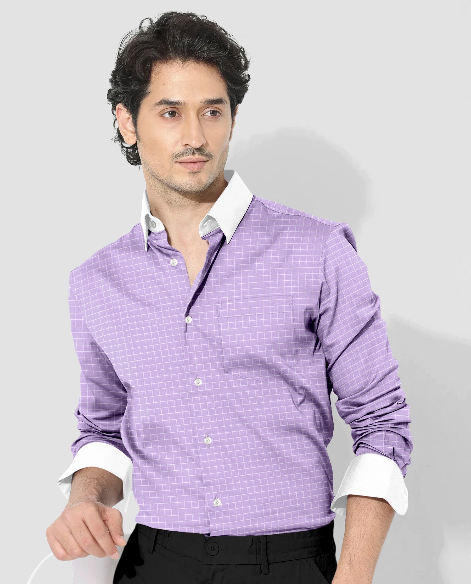 Passiflora Purple and Snow White Checks Designer Cotton Shirt