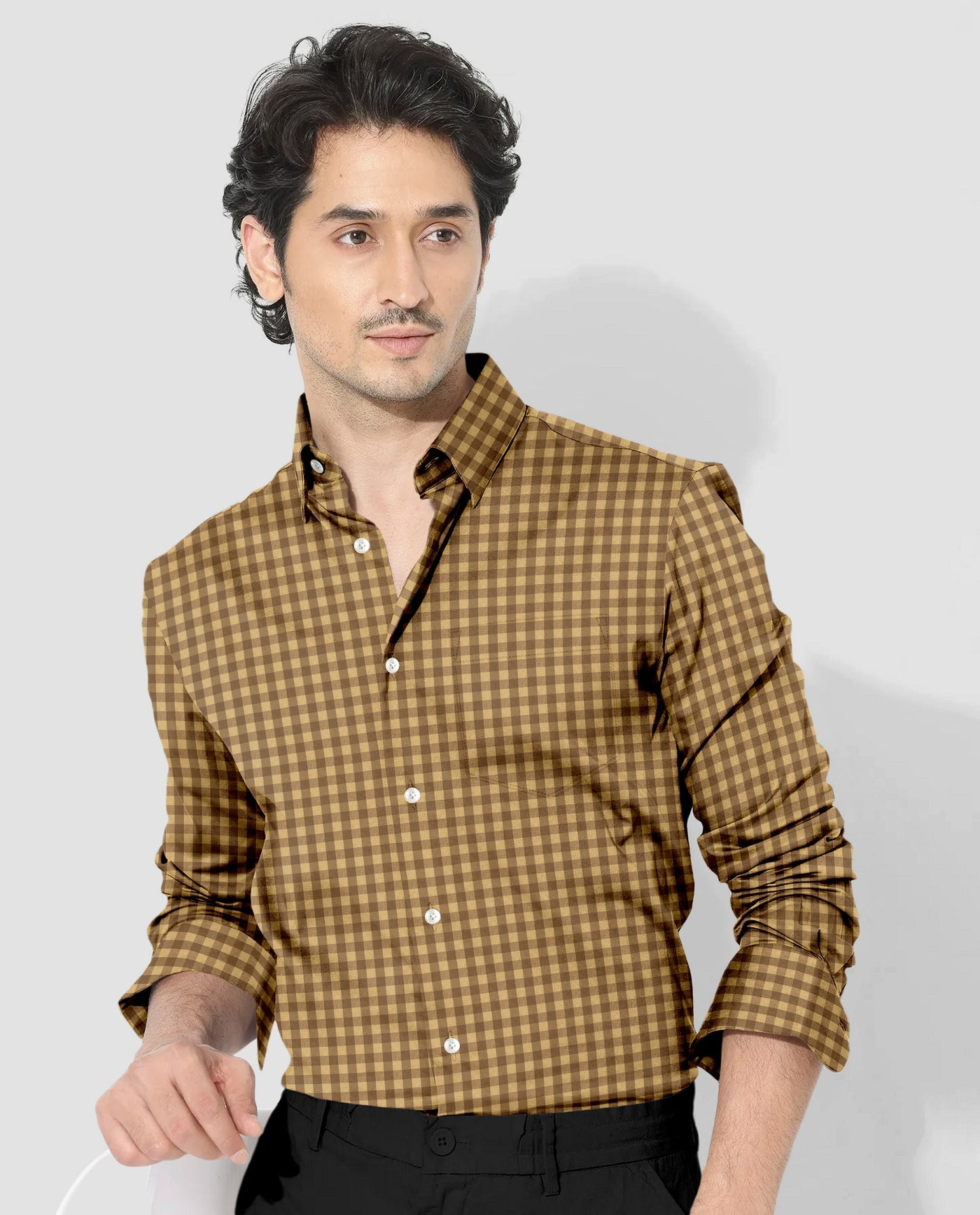 Fenugreek Yellow and Beetle Brown Gingham Checks 2 Ply Cotton Shirt