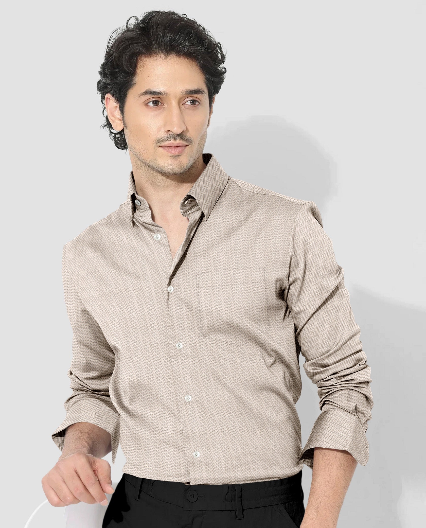 Beige with Parchment Brown and White Chevron Stripes 2 ply Cotton Shirt