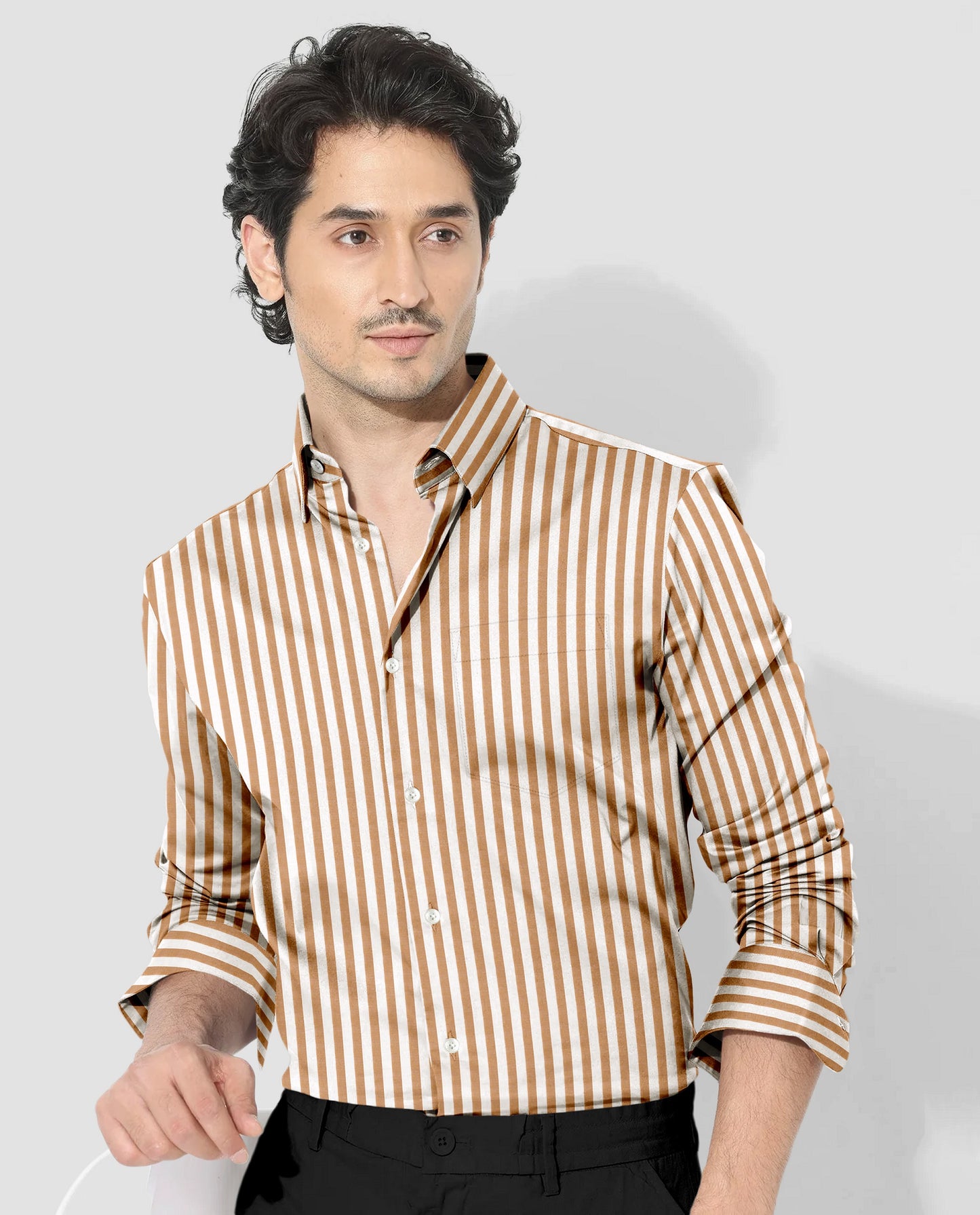 Wheat Brown and Milk White Stripes Oxford Structured Cotton Shirt