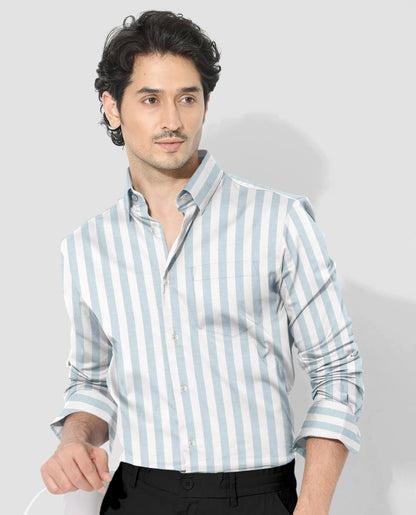 White and Gossamer Green Stripes Cotton Linen Shirt