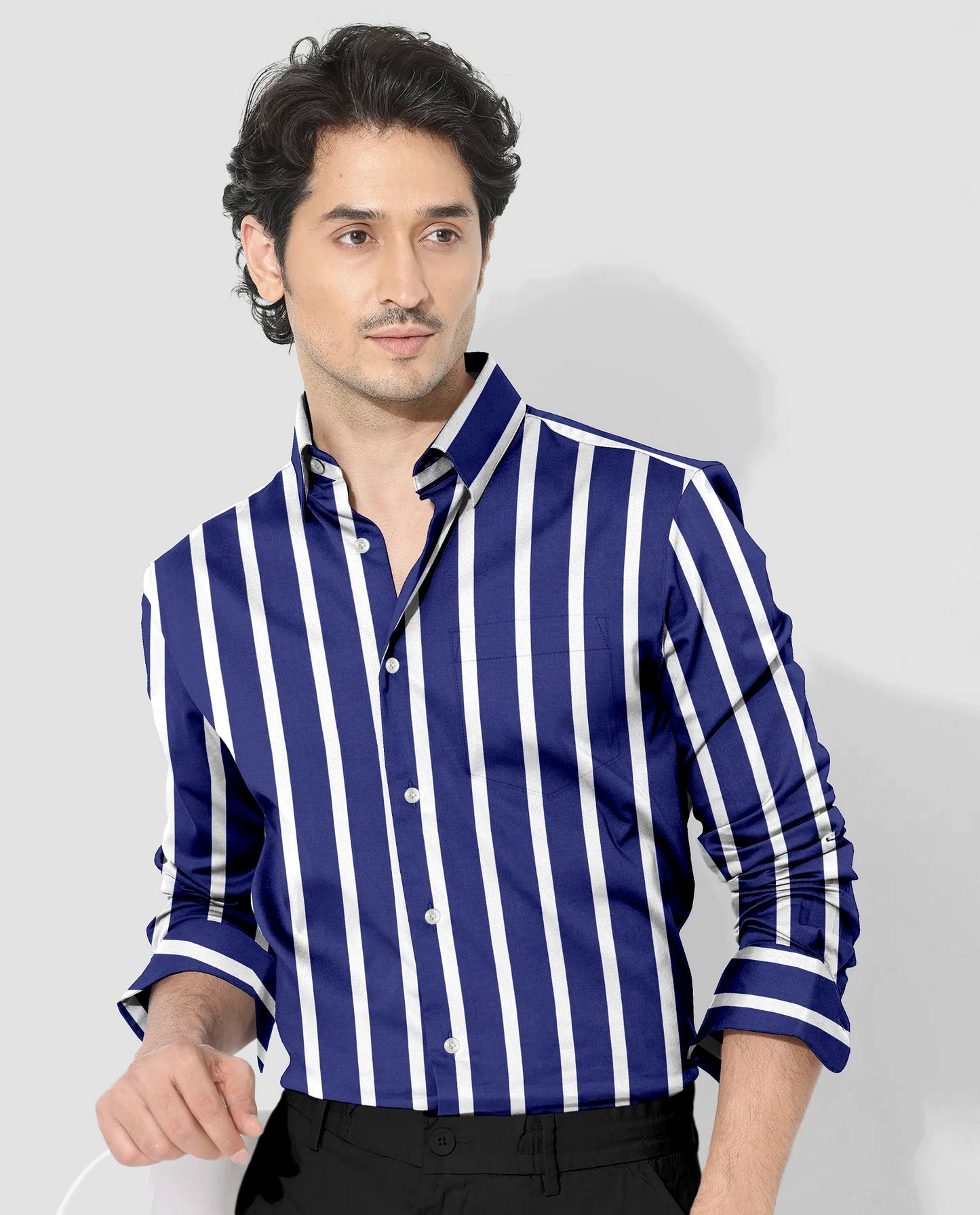 Regal Blue with White Wide Chalk Stripes Cotton Shirt
