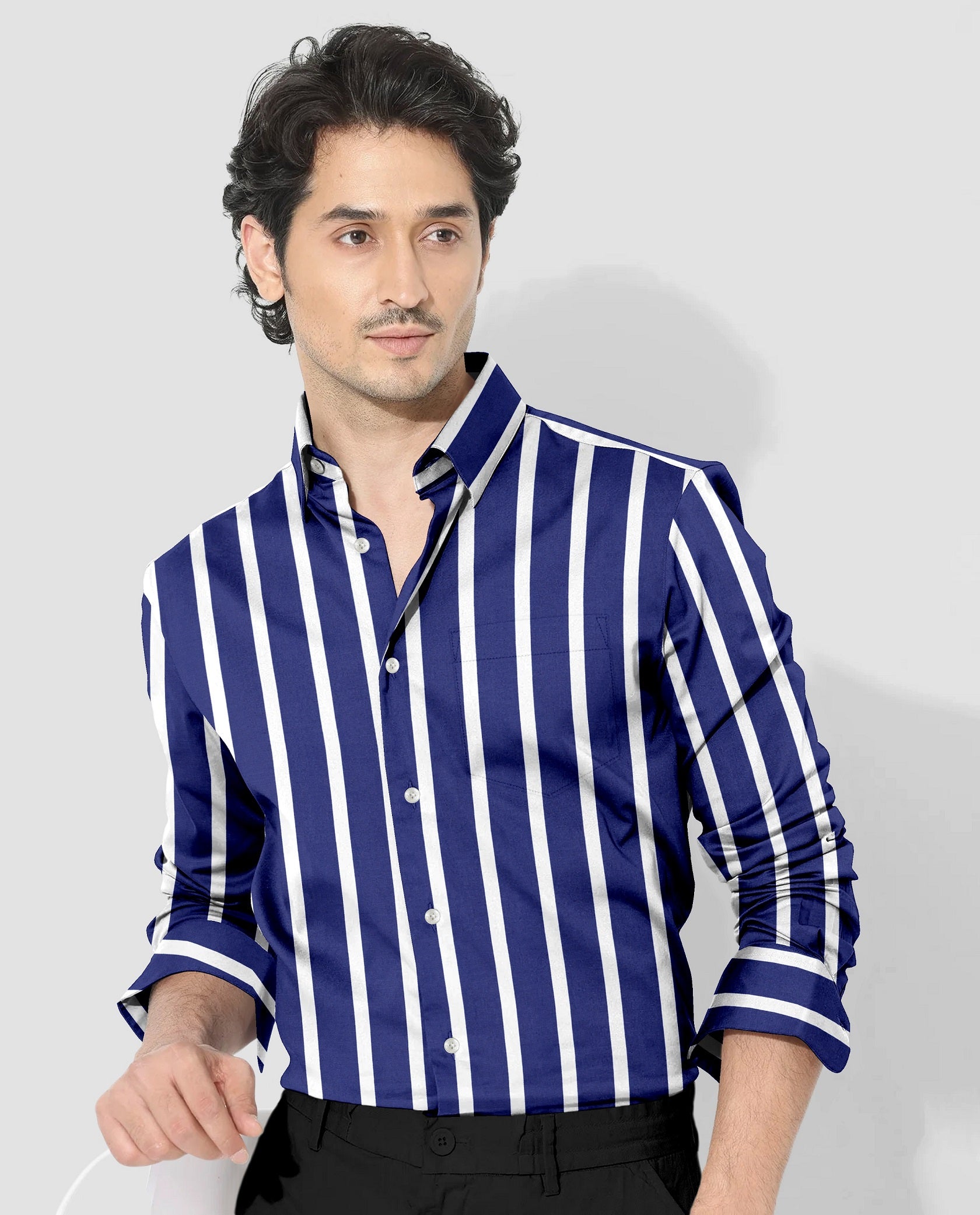 Regal Blue with White Wide Chalk Stripes Cotton Shirt